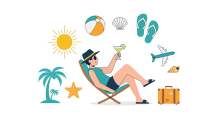 Man Enjoying Summer Vacation with Cocktail and Travel Icons.