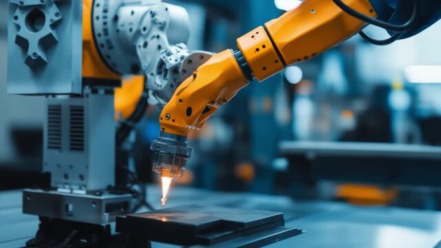 Robotic Precision: A close-up view of an industrial robotic arm in action, showcasing its intricate machinery and state-of-the-art technology in a manufacturing setting.