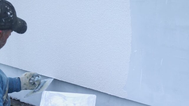 Plasterer applying finishing coat to an exterior wall
