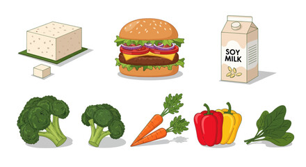 Illustrated collection of vegan food items including a veggie burger tofu soy milk broccoli carrots and bell peppers.