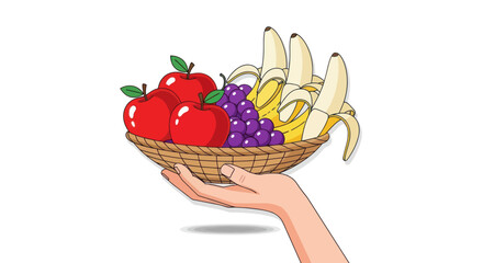 Hand holding a woven basket filled with fresh red apples purple grapes and ripe yellow bananas.