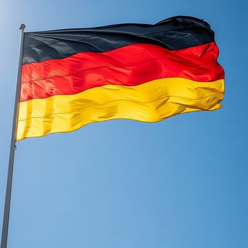 A brightly lit shot of a flag in the colors black, red, and yellow, waving in the wind against a clear blue sky