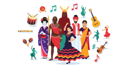 A vibrant illustration of global cultures music and dance with diverse characters in traditional attire.