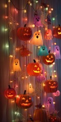 Halloween decorations with pumpkins, ghosts, and colorful lights on festive wall.