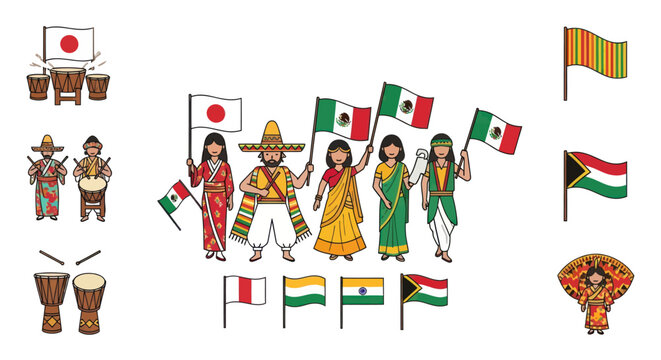 People in traditional clothing holding flags of different countries cultural diversity.