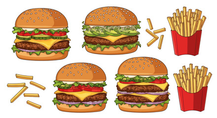 Delicious Cartoon Burgers and Fries: A Fast Food Feast Illustration.