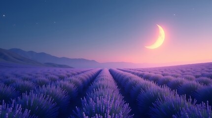 Lavender Field Under Twilight Sky with Crescent Moon &ndash; Magical Calm Scene in Soft Purple Tones