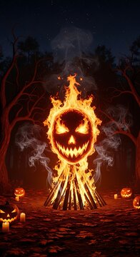 A burning, grinning jack-o'-lantern made of fire sits atop a pyre in a spooky forest at night. Spooky pumpkins line the ground