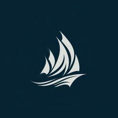 Minimal blue sailboat logo design on dark background with stylized curves.