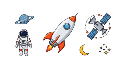 Cute cartoon space exploration sticker set with astronaut rocket ship satellite planet moon and stars.