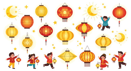 Festive Chinese Lanterns and Children Celebrating with Joy. © ahmad