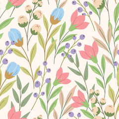 Fototapeta premium Delicate seamless floral pattern with wild plants in pastel colors. Cute botanical design, a ditsy spring print of wildflowers, small flowers, leaves, and branches on a light background. Vector repeat
