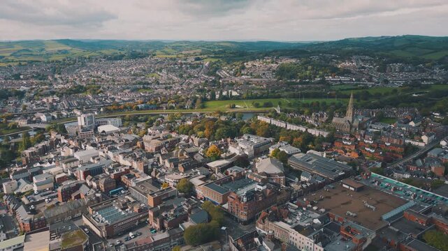 Aerial drone shot of city of Exeter, UK