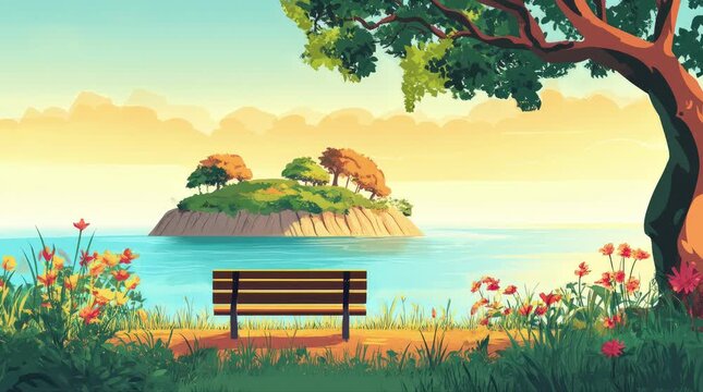 A view of a bench on the beach with a small island in the morning. 4K animated video