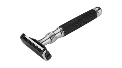 Elegant chrome and black razor with textured grip, precision shaving tool for a close, comfortable shave, grooming essentials