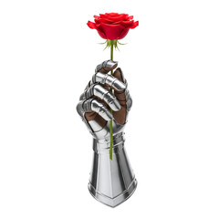 Knight's gauntlet holding a single red rose