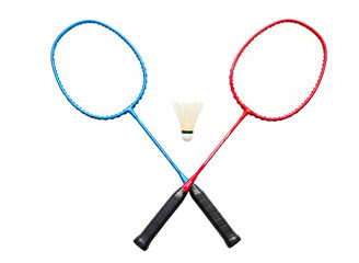 Two badminton rackets crossed with shuttlecock isolated on transparent background