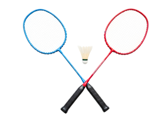 Two badminton rackets crossed with shuttlecock isolated on transparent background