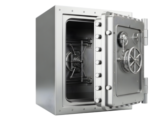 Open heavy duty metal bank vault safe with combination dial isolated on transparent background