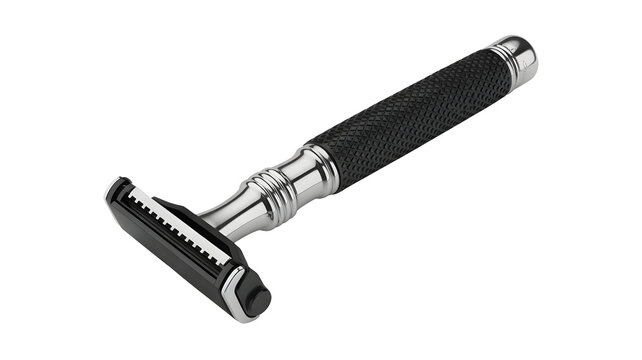 Elegant chrome and black razor with textured grip, precision shaving tool for a close, comfortable shave, grooming essentials