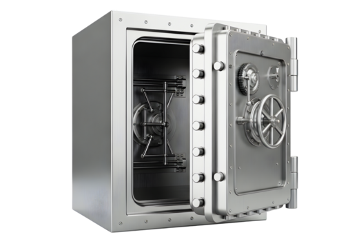 Open heavy duty metal bank vault safe with combination dial isolated on transparent background