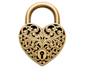 Ornate golden heart shaped padlock isolated on transparent background