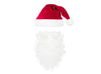 Santa claus hat and white beard isolated on transparent background