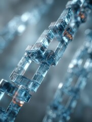 Close-up 3D illustration of clear glass chain links symbolizing transparency and connectivity.