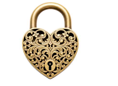 Ornate golden heart shaped padlock isolated on transparent background