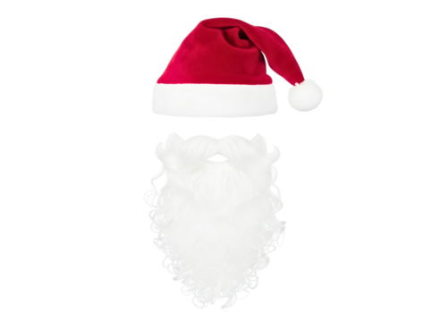 Santa claus hat and white beard isolated on transparent background
