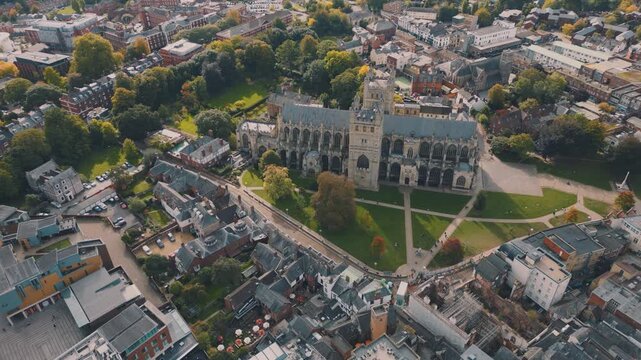 Aerial drone shot of Exeter Cathedral