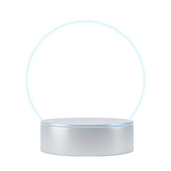 Futuristic silver podium with neon ring