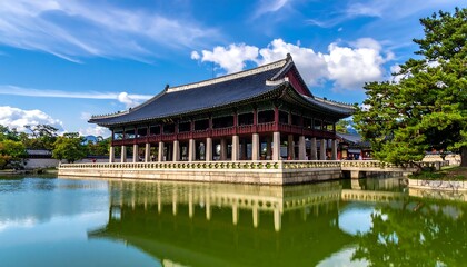 Fototapeta premium Gyeonghoeru Pavilion - A serene reflection of Korean architecture and history.