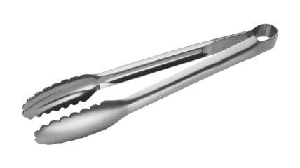 Shiny stainless steel kitchen tongs perfect for grilling, cooking, serving, and food preparation in a professional culinary setting