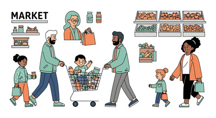 Diverse family shopping for groceries at a vibrant market.