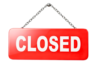 Red closed sign hanging on chain isolated on transparent background
