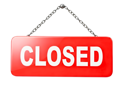 Red closed sign hanging on chain isolated on transparent background