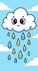 A cartoon cloud with a smiling face and blushing cheeks, shedding colorful, smiling raindrops. Blue sky with white fluffy clouds