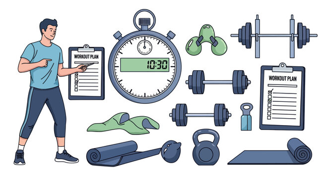 A hand-drawn vector set of gym and fitness equipment for a workout routine including a personal trainer dumbbells and a stopwatch. - Powered by Adobe