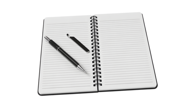 Open notebook with pen and paper knife, ready for note taking, brainstorming, and creative tasks in a modern office or workspace setting