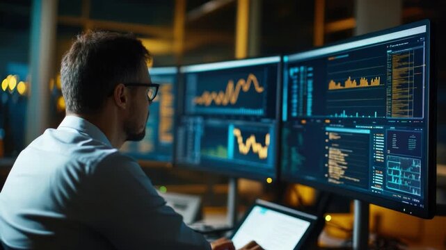 Cybersecurity Professional Analyzing Data: An adept cybersecurity professional meticulously examines data across multiple monitors in a dimly lit, high-tech workspace.