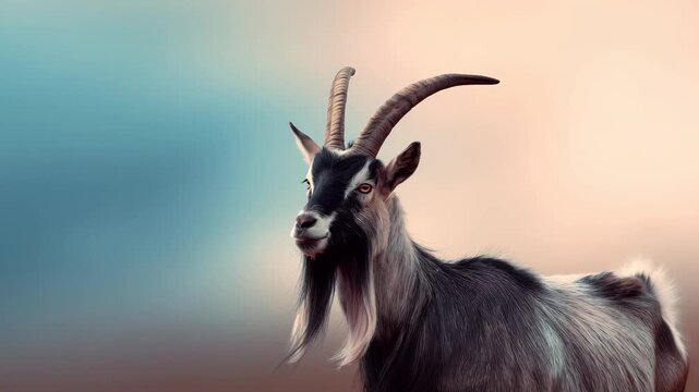 A close-up of a mature male goat with long curved horns and a distinctive beard. The background is softly blurred with pastel colors.