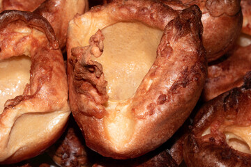 Close up of home make Yorkshire pudding roasted batter for Sunday roast dinner