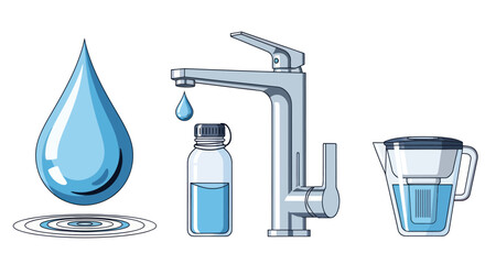 A collection of water-related items including a droplet faucet and filter pitcher.