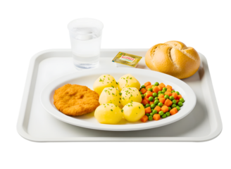 School lunch tray with food and drink isolated on transparent background