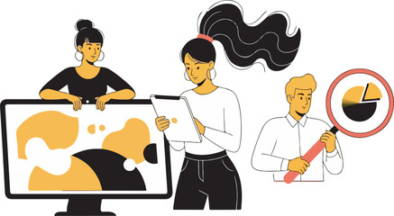 Teamwork concept illustration of business people collaborating on digital data analysis and design