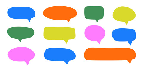 Set of colorful doodle speech bubbles icons. Comic chat message balloon pack isolated on white background. Bright cartoon text box for poster, label, tag, banner, badge, sticker. Frames vector