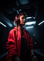 Young female dj in a bright red hoodie and headphones, spinning music on a professional mixer in a contemporary recording studio lit by colorful neon lights