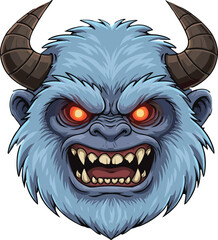 Stylized monster head with horns, glowing red eyes, sharp teeth, blue fur, fantasy creature, fierce expression, horror design, dark theme