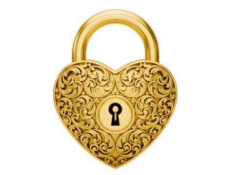 Ornate golden heart shaped padlock isolated on transparent background